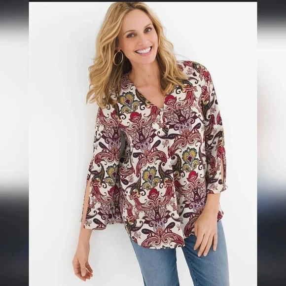 Chico’s 2P Petite Large Paisley Boho Peasant Blouse Slit Bell Sleeve Vintage Top - Picture 1 of 8